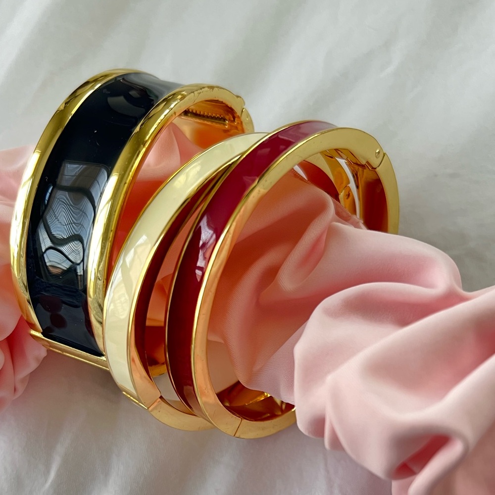 Set of Three Talbot’s Gold Enameled Bangle Bracelets in Red, White, and Navy